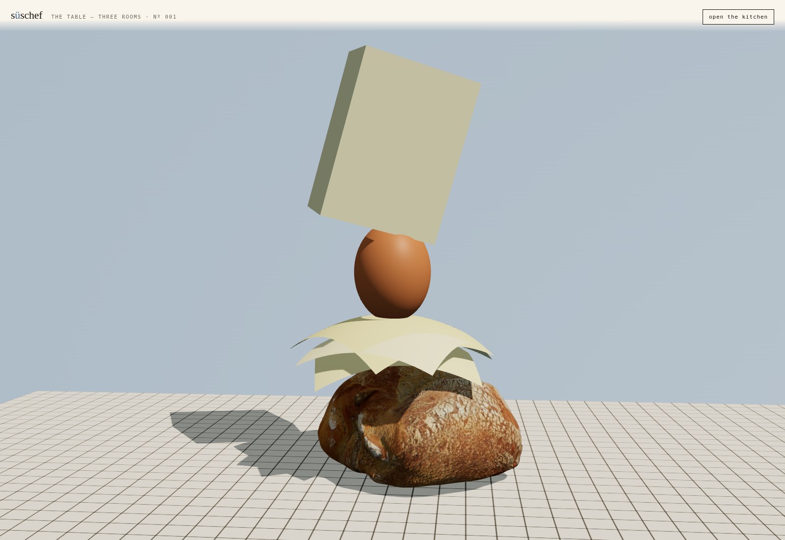 Butter balanced on an egg, cheese and sourdough on a fine checked table
